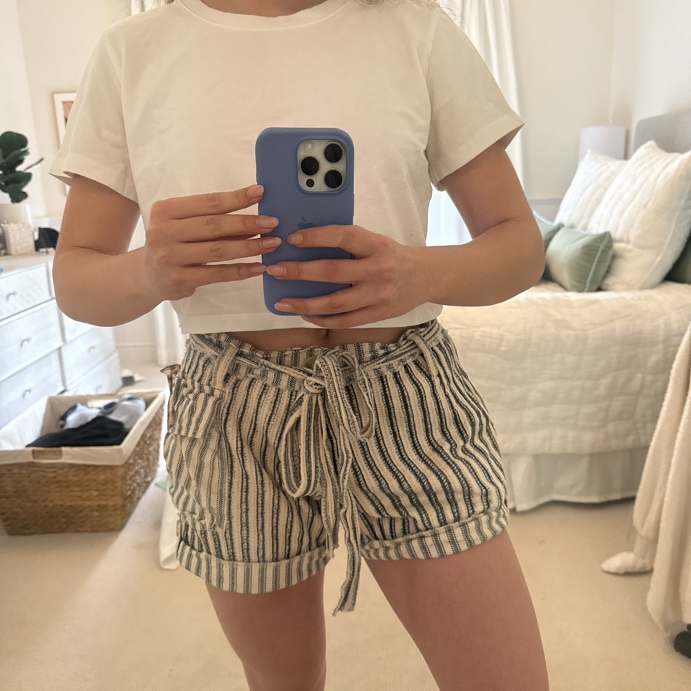 Free People Navy and Cream Striped paper bag Shorts